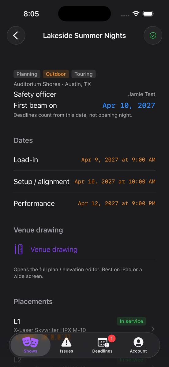 Beam Dreams iPhone app showing a show with its dates, first beam-on date and placements