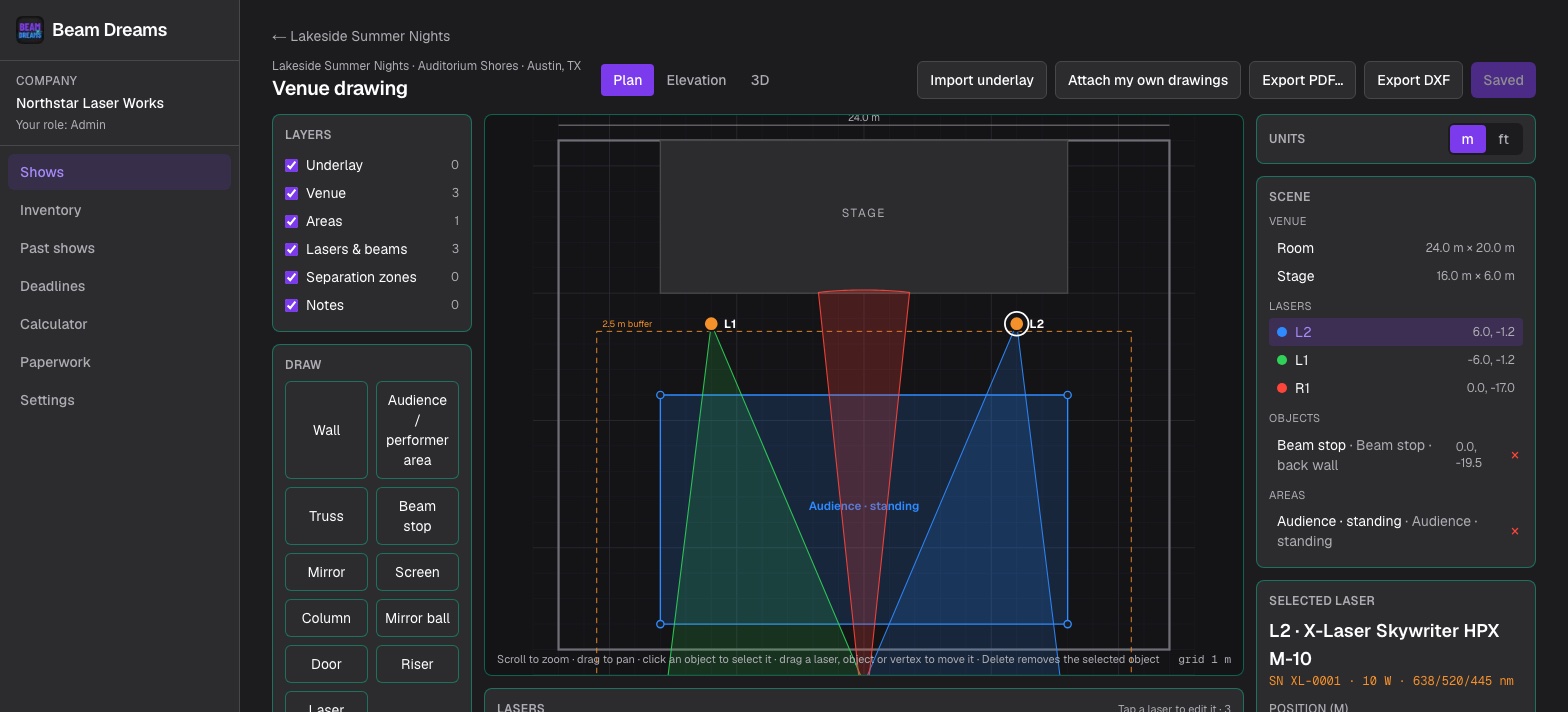 Beam Dreams venue drawing: plan view with stage, audience area, three laser scan envelopes, the 2.5 m buffer and one separation problem flagged in red